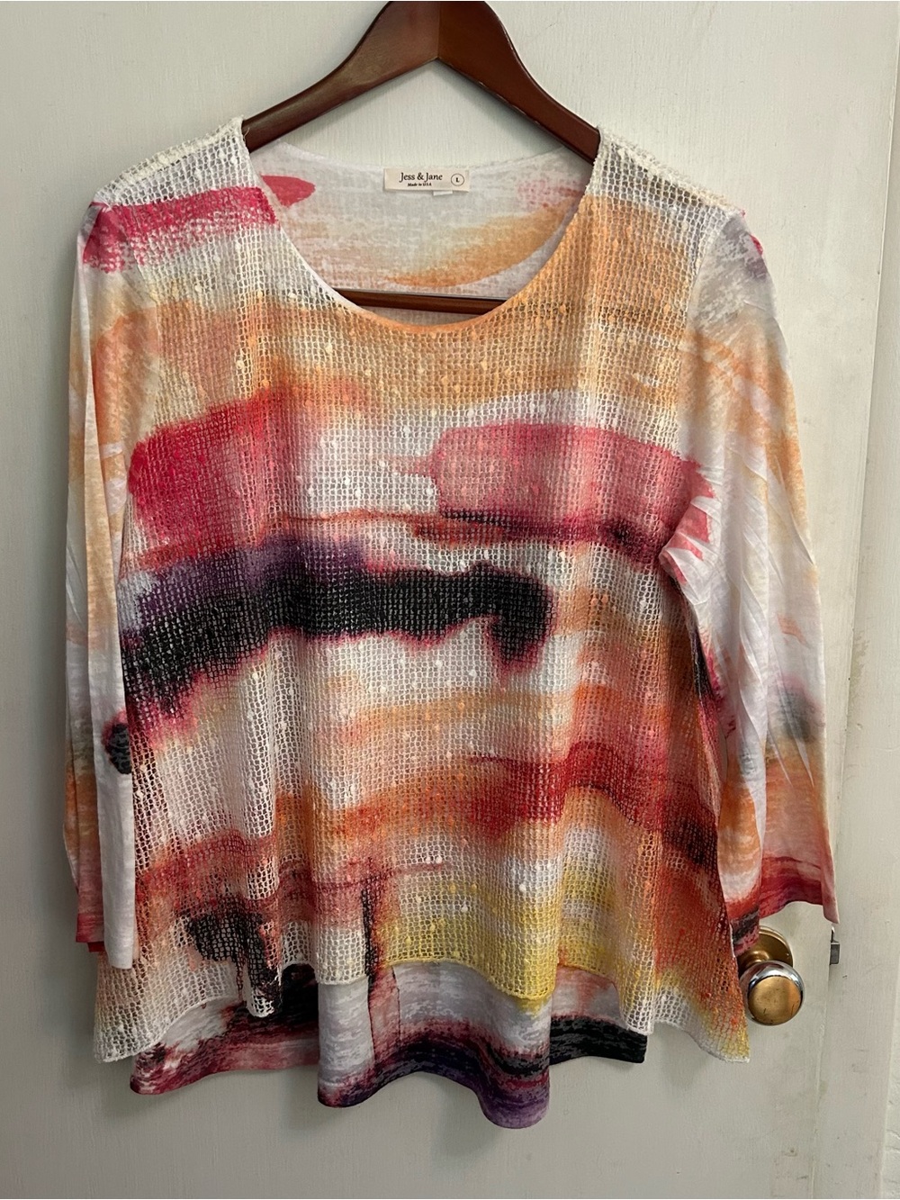 Jess & Jane Tie Dye Top Abstract Art To Wear Womens L Mesh Overlay 3/4 Sleeves